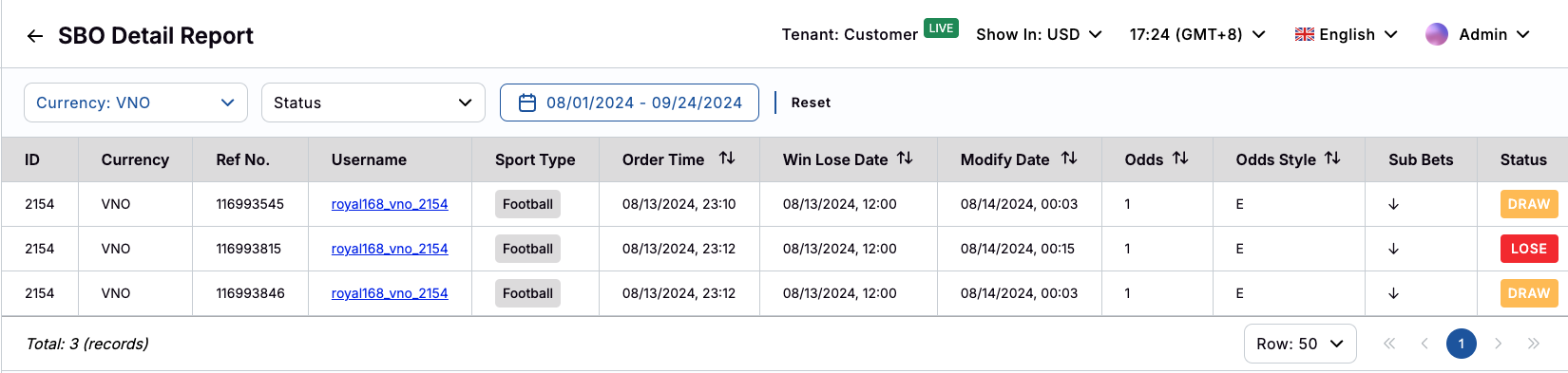Sport Game - Detailed Data