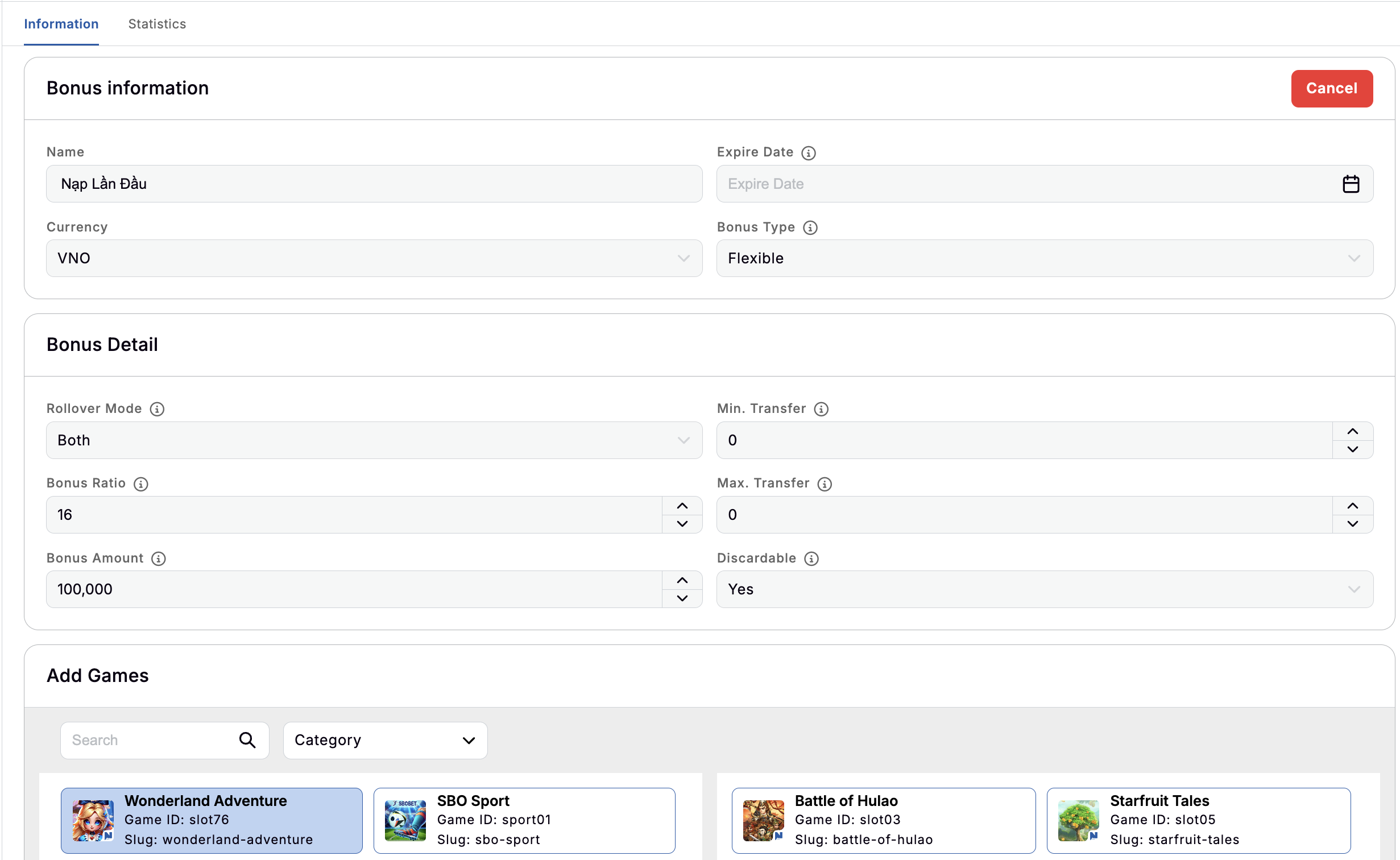 Bonus's Information tab