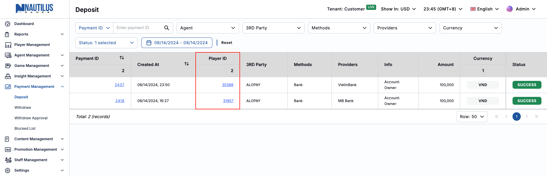 List of Deposited Players